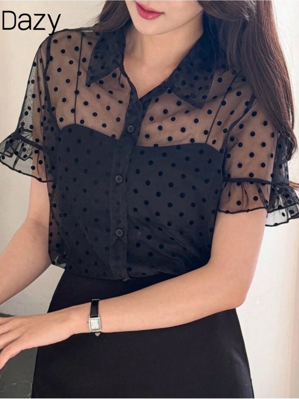 Sheer Polka Dot Button-Front Black Top